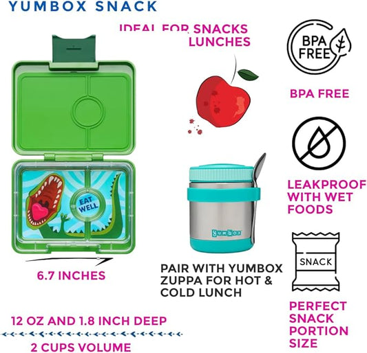 Yumbox Snack Box - 3 Compartment - Leakproof Bento Lunch Box for Kids (Jurassic Green)