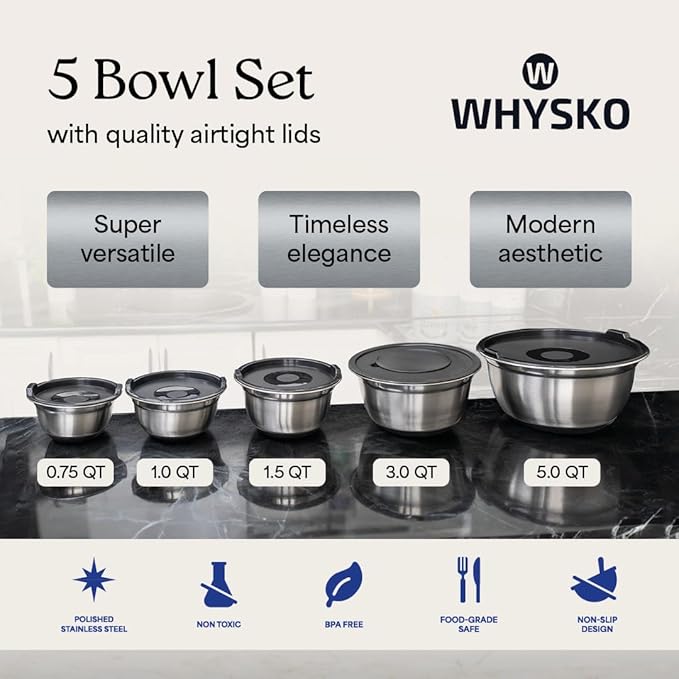 WHYSKO® Stainless Steel Mixing Bowls With Lids Plus Stainless Steel Whisk, Potato Masher and Grater Lids, 5 Nesting Mixing Bowls And Kitchen Tools for Meal Prep, Cooking, Baking, Serving, Food Storage