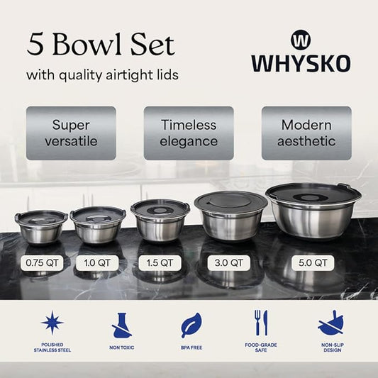 WHYSKO® Stainless Steel Mixing Bowls With Lids Plus Stainless Steel Whisk, Potato Masher and Grater Lids, 5 Nesting Mixing Bowls And Kitchen Tools for Meal Prep, Cooking, Baking, Serving, Food Storage