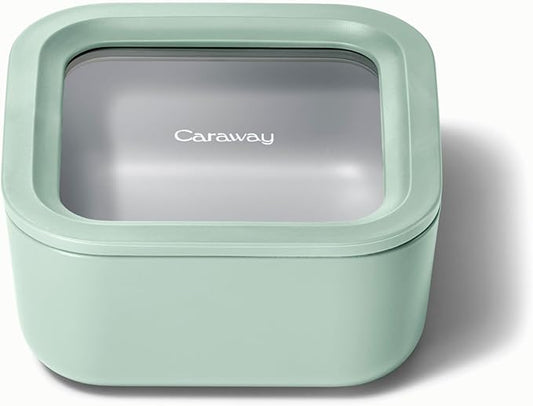 Caraway Glass Food Storage - 4.4 Cup Glass Container - Ceramic Coated - Easy to Store, Non Toxic, Non Stick Lunch Box Container with Glass Lids - Dishwasher, Oven, & Microwave Safe - Mist