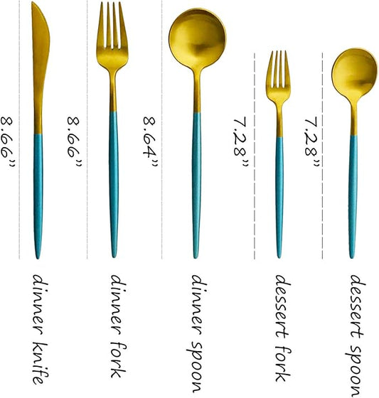 Silverware Set, Hand polished Matte Gold Blue Flatware Cutlery Set Service for 2, Satin Finish 10 Pieces 18/10 Stainless Steel Utensils Set for Home and Restaurant, Dishwasher Safe