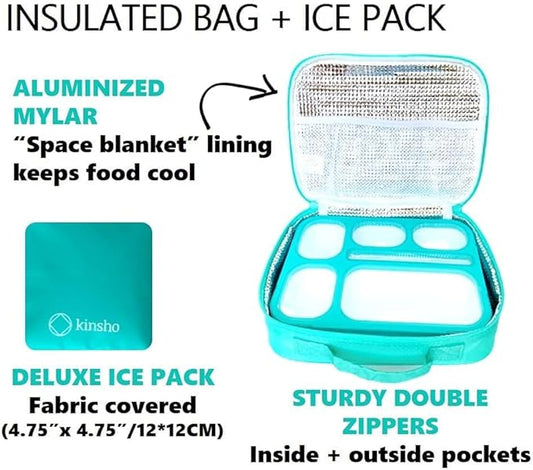 Bento-Box Lunch Bag Set with Ice Pack, Lunch Boxes Snack Containers for Kids Boys Girls Adults. 6 Compartments, Leakproof Portion Container Boxes for School Lunches Teal