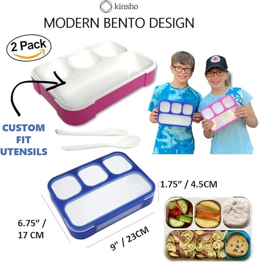 Bento Lunch-Box for Kids and Adults: Leakproof Lunch Boxes with 4 Compartments, Divided Containers for Boys Girls Women Men - School Work Portion Container, Utensils, Blue + Rose Pink Set
