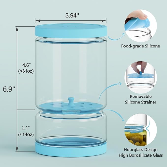 Glass Pickle Jar with Strainer Flip for Pickle Lover - 45 OZ Leakproof Airtight Juice Separator for Olive, Gherkin or Chilli, BPA Free, Dishwasher and Refrigerator Safe (Blue, 45 oz*1 pack)