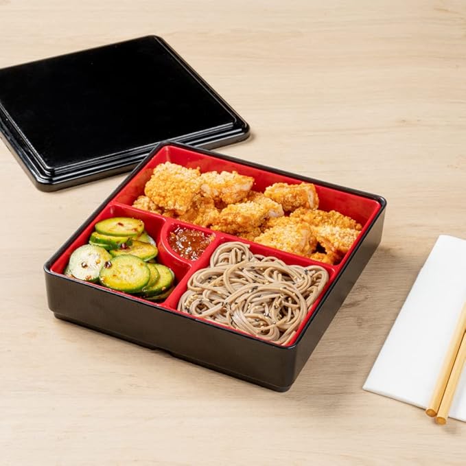 Restaurantware-8.3 x 2.2 Inch Compartment Lunch Container, 1 Japanese Style Adult Lunch Container - With 4 Compartments, Greaseproof, Black & Red Plastic Divided Lunch Box, For Hot & Cold Food