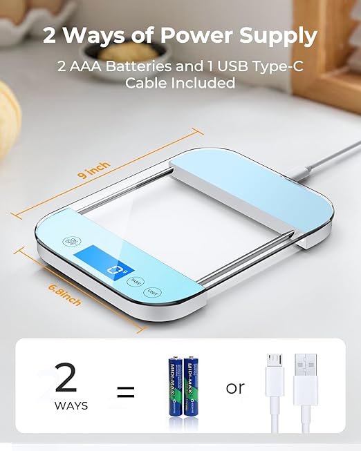 AZC Rechargeable Food Scale Digital Weight Grams and Oz, [Max 33lb Min 5g], Full Waterproof Temepered Glass Panel, Crystal Clear Design for Kitchen Scale, Clear Blue