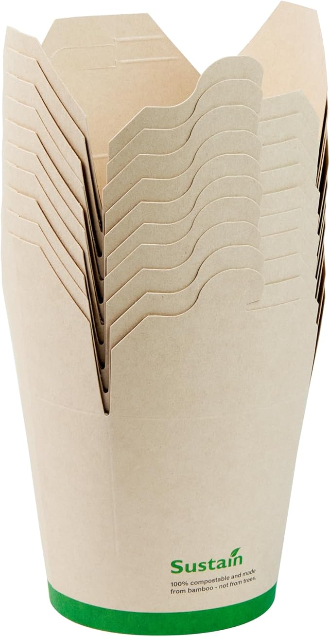 Restaurantware Sustain 26 Ounce Sturdy Paper Take Out Boxes, 50 Disposable Take Out Food Containers - With PLA lining, Compostable, Bamboo Paper Containers, Built-In Tab-Lock Cover, Greaseproof