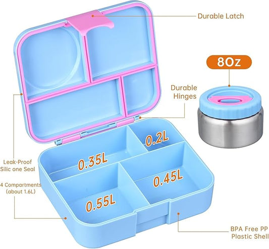 Bento Lunch Box for kids With 8oz Soup Thermo,Leak-proof Lunch Containers with 4 Compartment,Thermo Food Jar, BPA Free,Travel, School