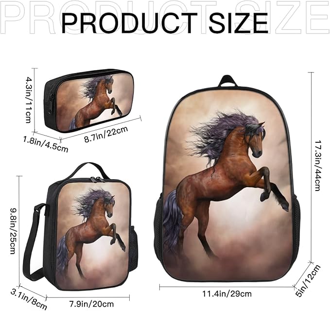 Horse Backpack, Horse Backpacks For Girls Bundle 3 Pieces for Teens, Boys and Girls Horse Includes Bookbags, Insulated Lunch Bag and Pencil Case Perfect for School and Everyday Use.