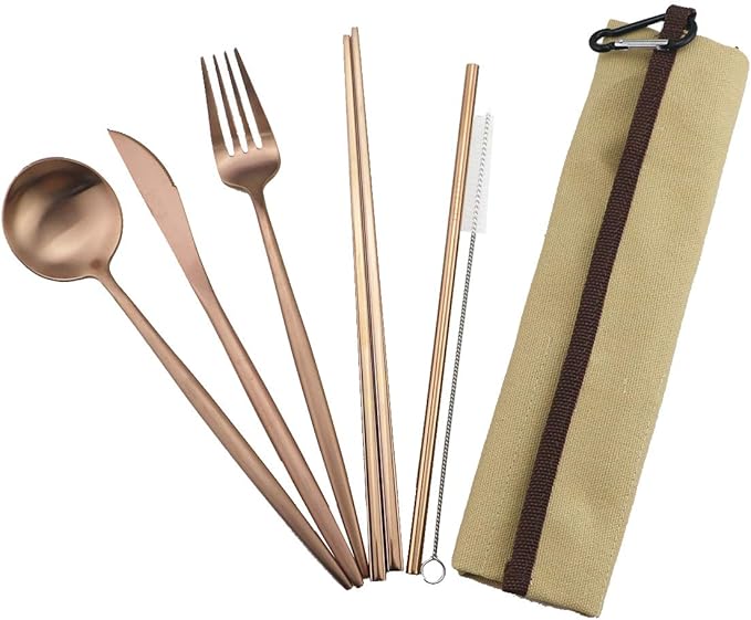 Reusable Travel Utensils, 7 Piece Portable 304 Stainless Steel including Knife Fork Spoon Chopsticks Cleaning Brush Straws Portable Pouch, Eco-friendly Camping Silverware Set, Dishwasher Safe