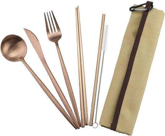 Reusable Travel Utensils, 7 Piece Portable 304 Stainless Steel including Knife Fork Spoon Chopsticks Cleaning Brush Straws Portable Pouch, Eco-friendly Camping Silverware Set, Dishwasher Safe