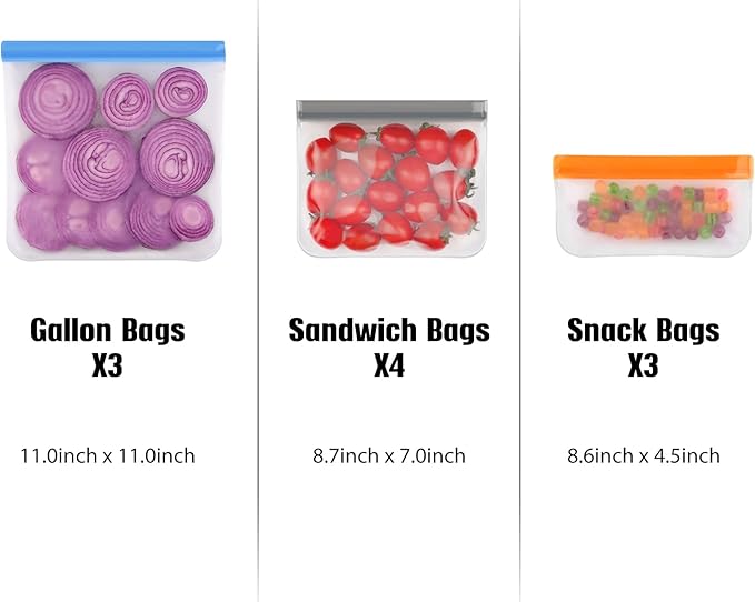 Lerine 14 Pack Dishwasher Safe Reusable Bags, Leakproof Reusable Freezer Bags, BPA Free Food Storage Bags for Lunch Marinate Food Travel - 4 Gallon 6 Sandwich 4 Snack Bags