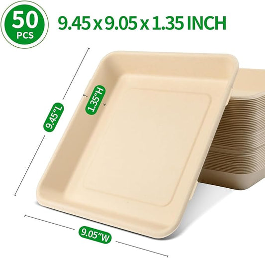 bloomoon 50 Pack 9 x 9 inch Deep Large Paper Plates, Compostable Bamboo Pulp Tray with High Rim for Crawfish, Crab, Large Salad, BBQ Meat