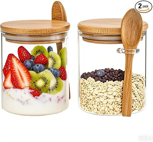 2-Pack 18.2 oz Overnight Oats Containers with Lids,Sealed Borosilicate Glass Jars with Bamboo Lid and Spoon,Clear Food Storage Jar for Kitchen,Candy, Spices, Coffee Beans,Cookies, Salad,Oats, Flour
