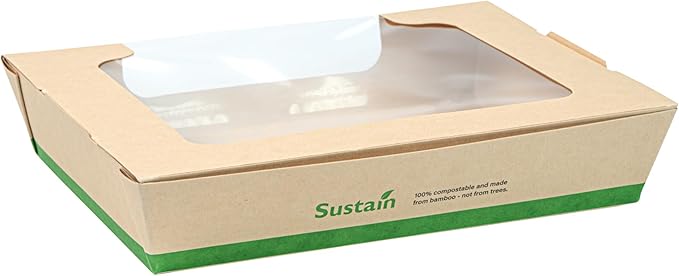 Restaurantware-Sustain 40 Ounce Sturdy Paper Take Out Boxes, 50 Disposable Take Out Food Containers - With PLA lining, Clear PLA Window, Bamboo Paper Containers, Compostable, Tab-Lock Design