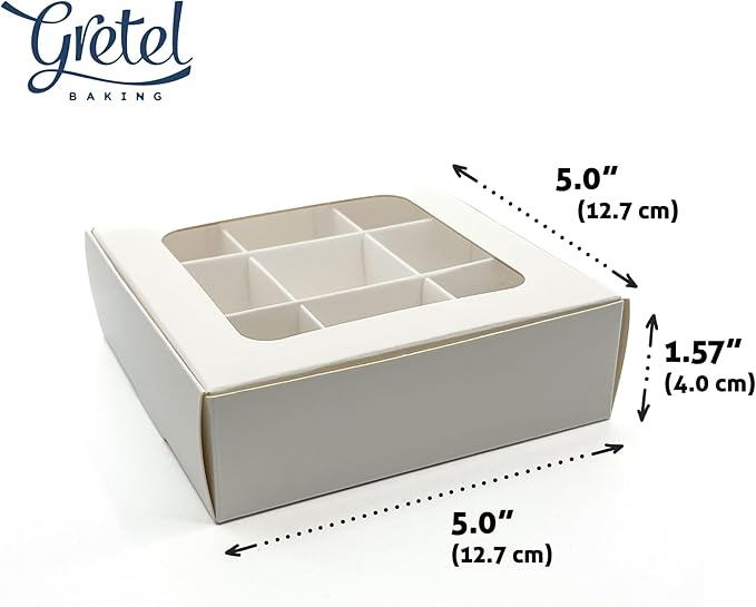 Treat boxes with window and dividers | 9 X-SMALL compartments | 5 x 5 x 1.57 in | Empty candy boxes for gift giving, truffle box - perfect for Valentine's Day | 10-pack (White)
