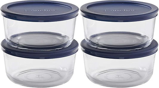 Anchor Hocking SnugFitTM Round Food Storage Containers with Lids (4-Piece, 4-cup, Navy Blue, oven-safe)