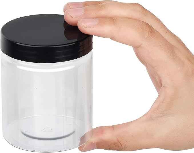 Plastic Containers with Water-Tight Black Lids (6 oz, 24 Pack) - Clear Plastic Food Storage Jars with Labels and White Marker - Great for your slime kit or any type of storage - BPA Free