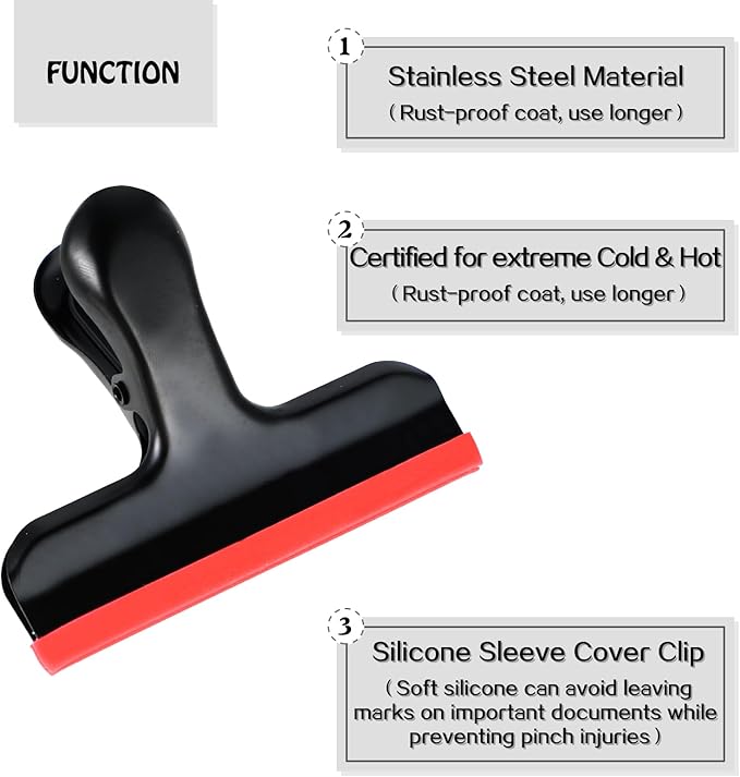 HOUSE AGAIN 12 Pack Stainless Steel Chip Bag Clips Covered with Colorful Silicone - NO More Sharp Edges - Color Coded for Food Bags - Air Tight Seal, Heavy Duty for Kitchen and Office, 3 Inches-Black