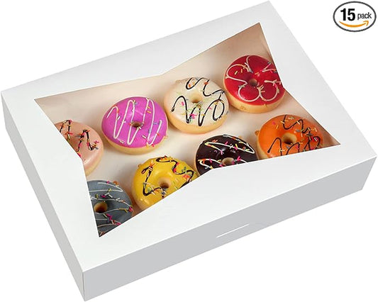 15-PACK White Pastry Bakery Box 16x11x2.75inch,Large Donuts,Muffins,Cookies Boxes with PVC Window Auto-Pop up Paper Box Nature Cardboard Take Out Container,Hold 12 Donuts,Pack of 15
