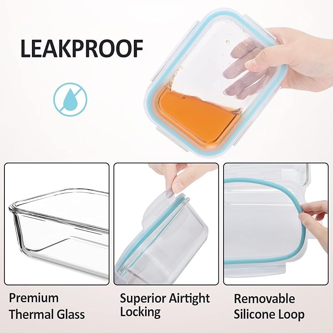 Glass Food Storage Containers With Lids Airtight 6 Pack, Not Easy Broken & Leak Proof, Oven/Dishwasher Safe, Blue