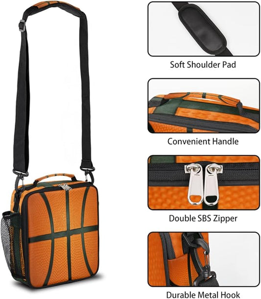 Basketball Kids Lunch Box Insulated Lunch Bag Tote for Girls Boys Cooler Freezable Meal Prep Bag with Shoulder Strap Waterproof Lunch Container for School Office Picnic