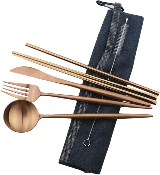 Reusable Travel Utensils, 7 Piece Portable 304 Stainless Steel including Knife Fork Spoon Chopsticks Cleaning Brush Straws Portable Pouch, Eco-friendly Camping Silverware Set, Dishwasher Safe