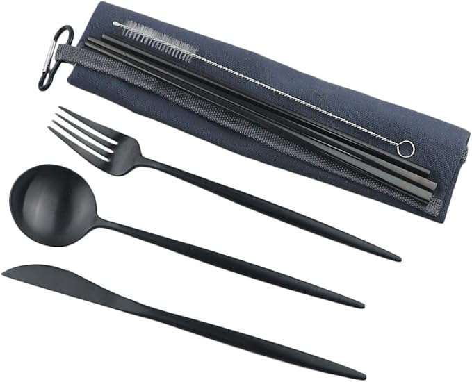 Reusable Travel Utensils, 7 Piece Portable 304 Stainless Steel including Knife Fork Spoon Chopsticks Cleaning Brush Straws Portable Pouch, Eco-friendly Camping Silverware Set, Dishwasher Safe
