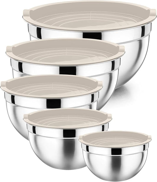P&P CHEF Mixing Bowl with Lid Set of 5, 10-Piece Stainless Steel Nesting Salad Bowl Set for Prepping, Mixing and Serving, Size 4.6, 3, 1.5, 1, 0.7 QT, Rimmed Edges & Flat Base, Khaki