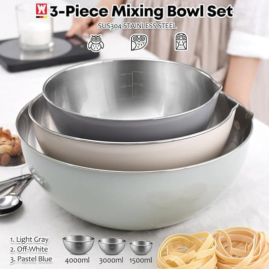3-Piece Stainless Steel Mixing Bowl Set, Beige/Mint Green/Light Gray, Nesting Design with Pure Spout, Multipurpose Kitchen Basket /1.56Quarts/3.17Quarts/4.23Quarts (Assorted Color)