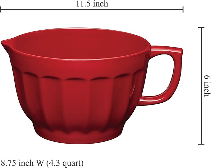 UPware Latte Style Melamine Batter Bowl with Pour Spout, Handle and Non-Slip Base, Grip Handle for Easy Mix and Pour, Home Essentials Cooking and Baking Tools, 4.3 quart, 11.5 x 8.75 Inch, Red