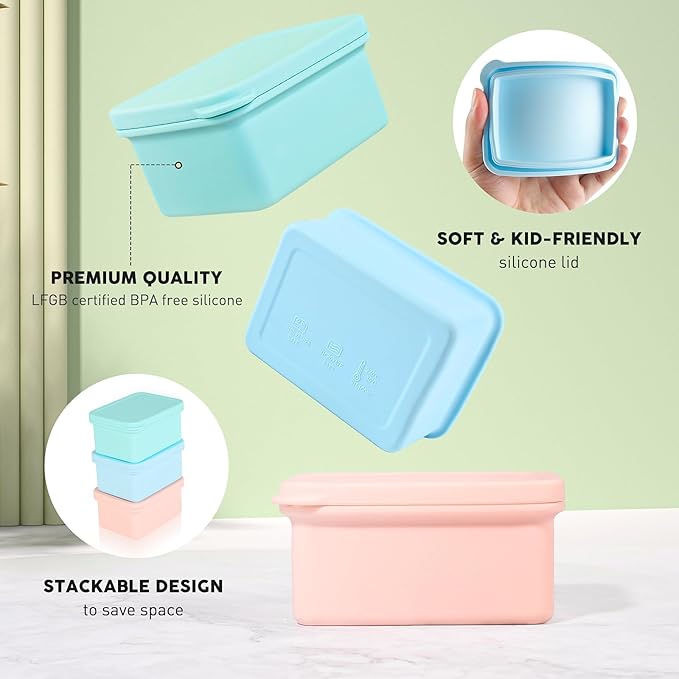 Silicone Snack Containers for Kids, Leak Proof Microwavable Small Lunch Box Containers with Lids for Toddlers, 1 Cup BPA Free Freezer Molds for Soups/Baby Food Storage (13.5oz)