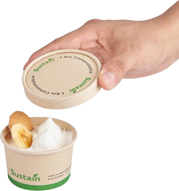 LIDS ONLY: Sustain Round Paper Soup Container Lids, 200 Disposable Ice Cream Cup Lids - Cups Sold Separately, For 3 And 4 Ounce Cups, Bamboo To Go Cup Lids, PLA lining, Compostable - Restaurantware