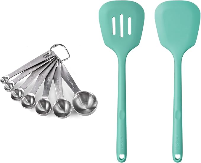 18/8 Stainless Steel Measuring Spoons Set for Dry and Liquid Ingredients (Set of 7), and 600ºF Heat Resistant Silicone Turners, 13.6in Long Solid & Slotted Kitchen Spatula (Aqua Sky)