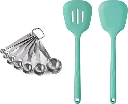 18/8 Stainless Steel Measuring Spoons Set for Dry and Liquid Ingredients (Set of 7), and 600ºF Heat Resistant Silicone Turners, 13.6in Long Solid & Slotted Kitchen Spatula (Aqua Sky)