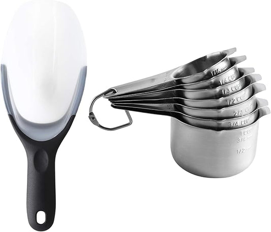 Spring Chef Magnetic Ice Scoop with Soft Grip Handle, Black & Stainless Steel Round Measuring Cups, Set of 7-2 Product Bundle