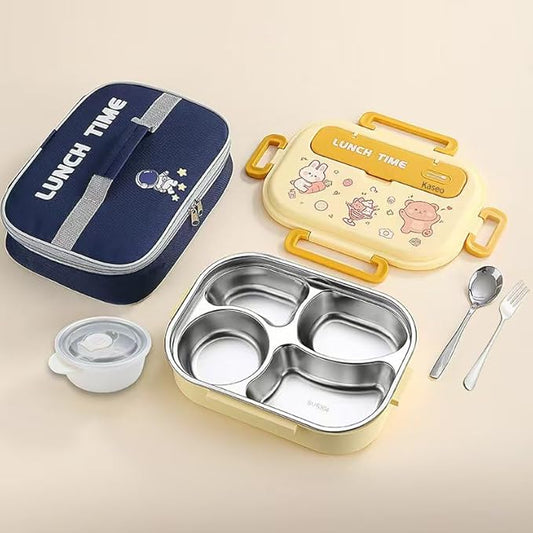 Bento Box for Kids/Adults, 304 Stainless Steel insulated 4 Compartments lunch box with Soup Bowl, Thermal Bag, Spoon and Fork, Leak-Proof, Microwavable, 5 Colors (Yellow)