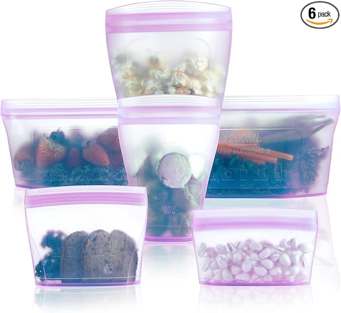 Reusable food container silicone bag, Upgrade second generation 6 Pcs Containers Storage, 100% Silicone Reusable Food Bag, Stand Up Preservation Bag, Rounded interior for easy cleaning.