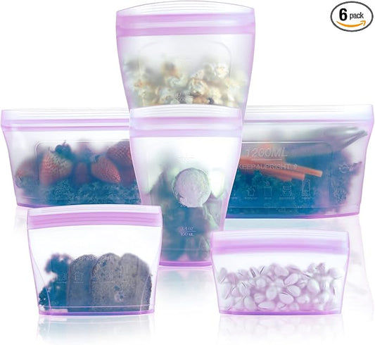 Reusable food container silicone bag, Upgrade second generation 6 Pcs Containers Storage, 100% Silicone Reusable Food Bag, Stand Up Preservation Bag, Rounded interior for easy cleaning.