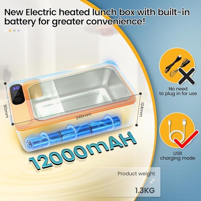 Cordless Electric lunch box, Battery Powered Heated Lunch Box，Food Heate 1L Adjustable heating time Comes with tableware and insulated bag Used for trucks, camping, offices