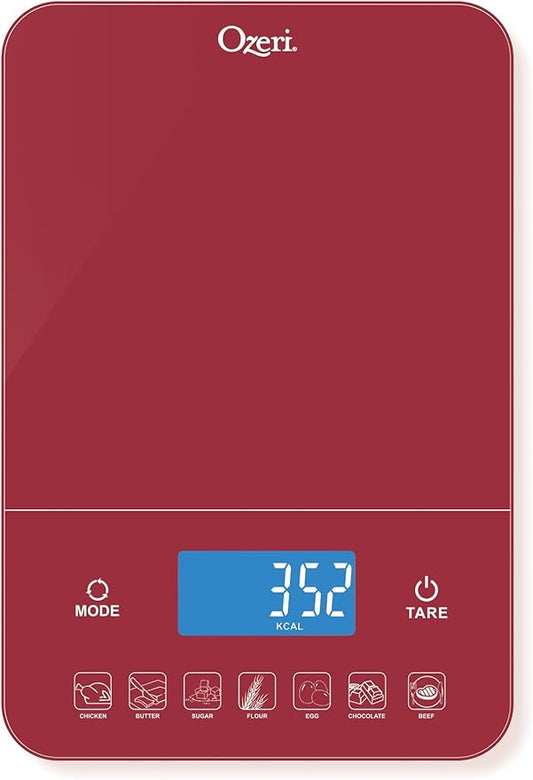Ozeri Touch III 22 lb (10 kg) Digital Kitchen Scale with Calorie Counter in Tempered Glass, Red Engine