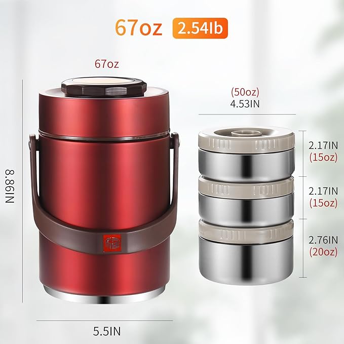 67 Oz Adults Stainless Steel Vacuum Soup Thermos For Hot Food with Inserts Stackable Bento Box and Lunch Bag,Width Mouth Portable Nsulated Food Jar Lunch Container (red, 67 oz)