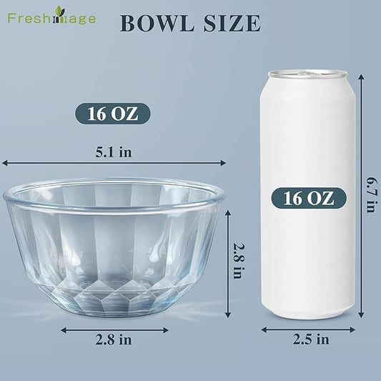 Freshmage 6 Pack Soup/Cereal Bowl Set, Extra Thick and Anti Resistant, 16oz Round Glass Diamond Cutting Kitchen Bowls, Microwave/Freezer/Dishwasher safe