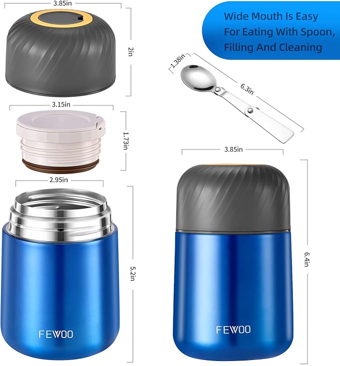 FEWOO Food Jar - 20oz Vacuum Insulated Soup Container, Stainless Steel Lunch Box for Kids Adult, with Folding Spoon for Hot or Cold Food (Bright Blue)