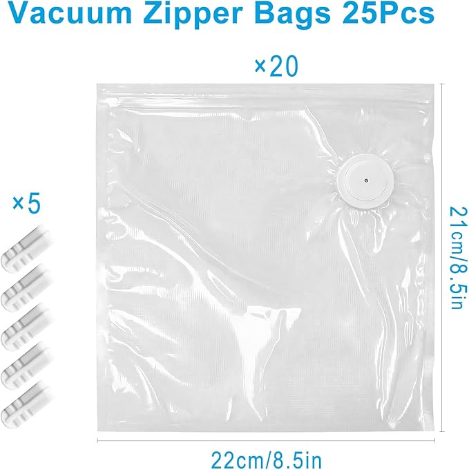 MEGAWISE Vacuum Zipper Bags 20Pcs (8.5 * 8.5in), BPA Free, Reusable Food Storage Bags with Air Valve for Sous Vide Cooking/Freezer/Microwave Heating, with 5 Seal Clips.
