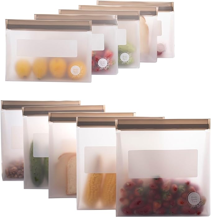 Reusable Silicone Food Storage Bags – 10-Pack Stand-Up, BPA-Free, Freezer, Dishwasher Safe & Eco-Friendly – 5 Gl, 5 L Bags – Airtight Leakproof Silicone Ziplock Bags for Kitchen Storage (Grey)