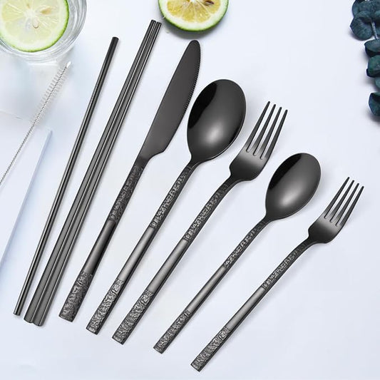 MURRI&MURRDI 8 Pieces Portable Reusable Cutlery Set,Travel Utensils Set with Case, Stainless Steel Flatware Set Including Knife Fork Spoon Chopsticks Straws Brush,Dishwasher Safe (C Black)