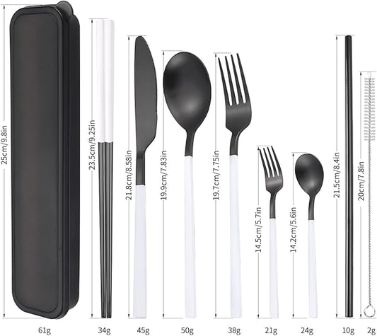 AARAINBOW 6 Pieces Stainless Steel Flatware Set Portable Reusable Cutlery Set Travel Utensils Set Including Chopsticks Knife Fork Spoon Straws Cleaning Brush Dishwasher Safe (White&Black)