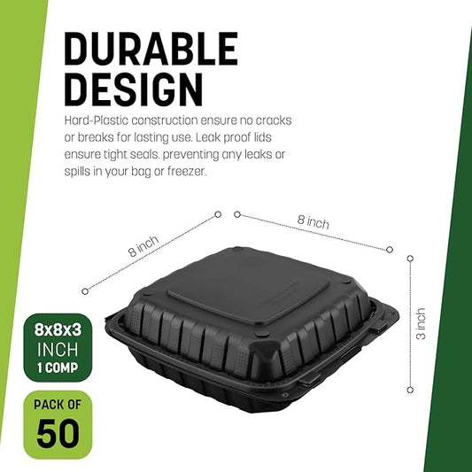 8X8X3 50-Pack Plastic Clamshell Takeout Food Trays Heavy Duty Disposable Box For Pasta Salad Sandwich Carryout Meal Prep Packaging Catering Hinged Containers With Secure Snap Lid - Black