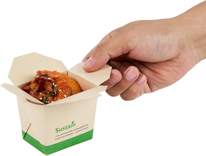 Restaurantware Sustain 8 Ounce Sturdy Paper Take Out Boxes, 200 Disposable Take Out Food Containers - With PLA lining, Compostable, Bamboo Paper Containers, Built-In Tab-Lock Cover, Greaseproof